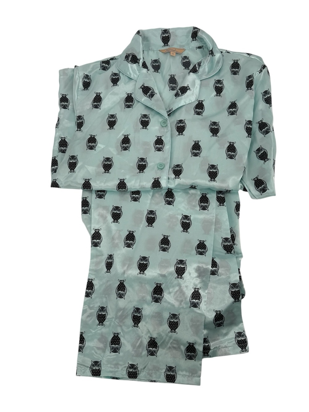 Levervet Satin Mint Green Owl Motif Long Sleeve Pajama Set Size Medium Women’s
